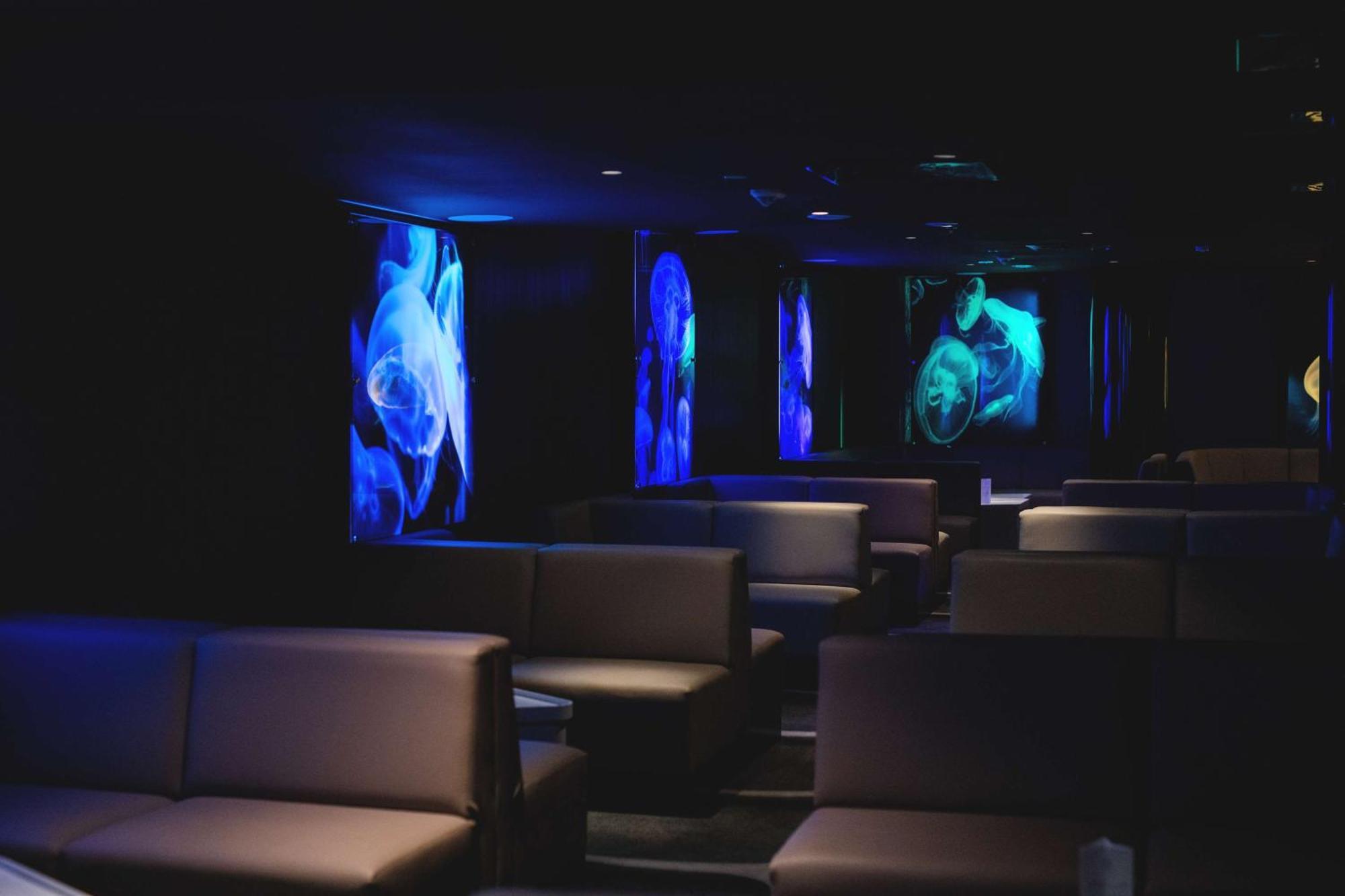 Radisson Blu Resort シフィノウイシチェ エクステリア 写真 The photo shows a dimly lit interior space, likely a lounge or a seating area. The walls are adorned with glowing blue and turquoise images, possibly of jellyfish or abstract aquatic forms, creating an ambient atmosphere. There are several upholstere